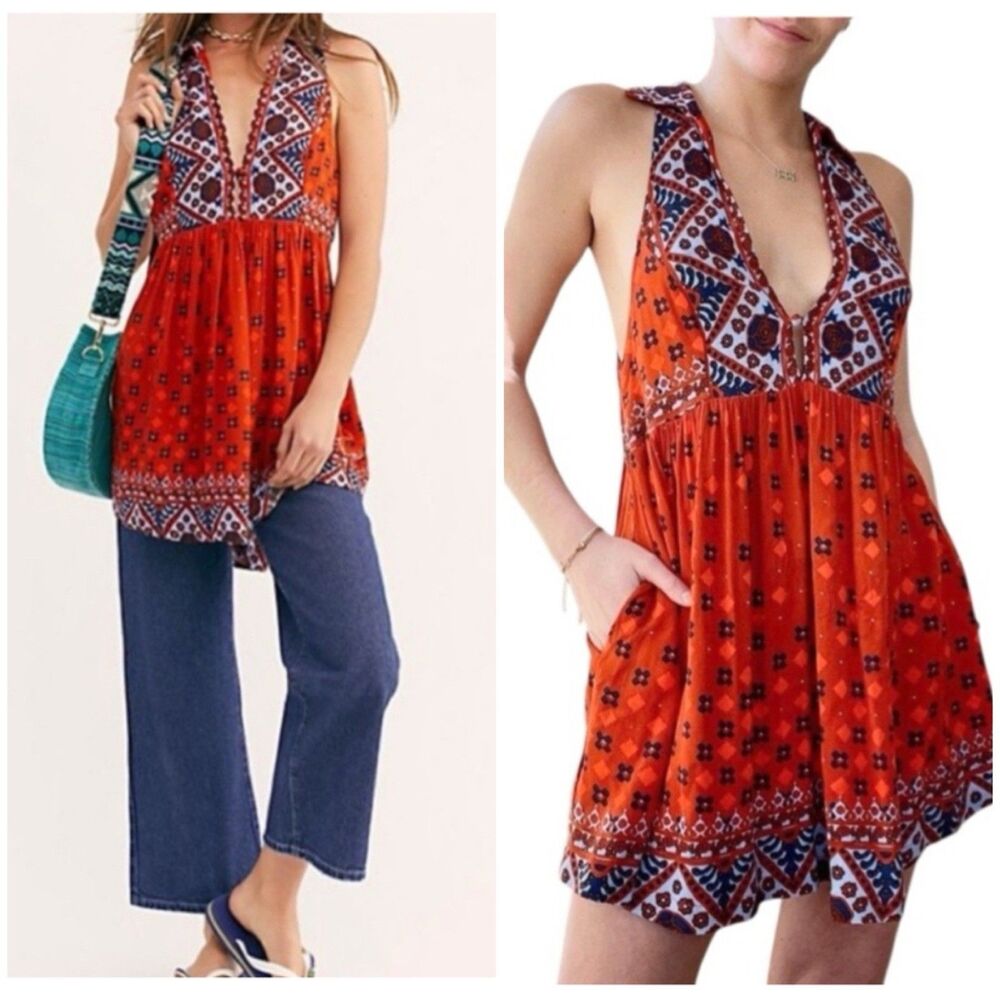 Free People Charlotte Tunic Top Women L Rust Boho Print Sleeveless V-Neck